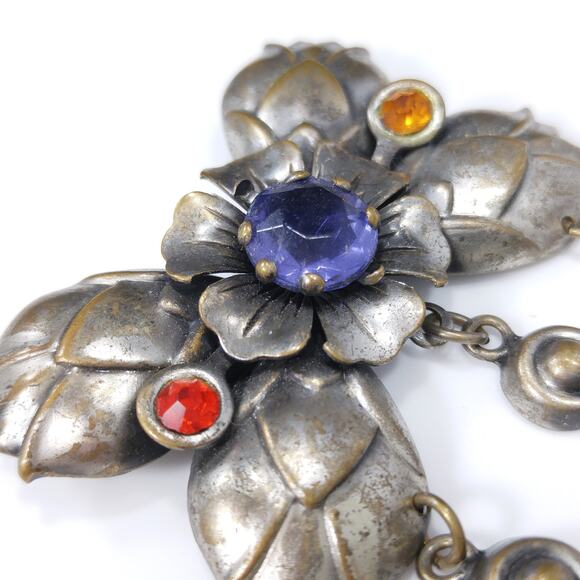 Floral Rhinestone Brooch, Three Dangles, 1940s Vintage Brooch - Picture 9 of 10